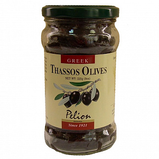 Оливки вяленые черные "Тассос", стекло, 320 гр, "Pelion"
